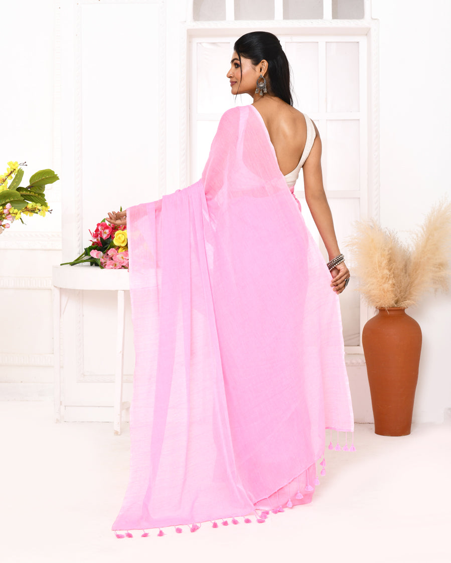 Piyari Fashion Pink Mulmul Cotton Saree With Tassels | Grocsy