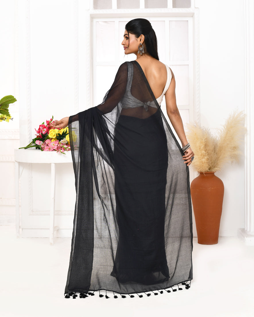 Piyari Fashion Black Mulmul Cotton Saree With Tassels | Grocsy