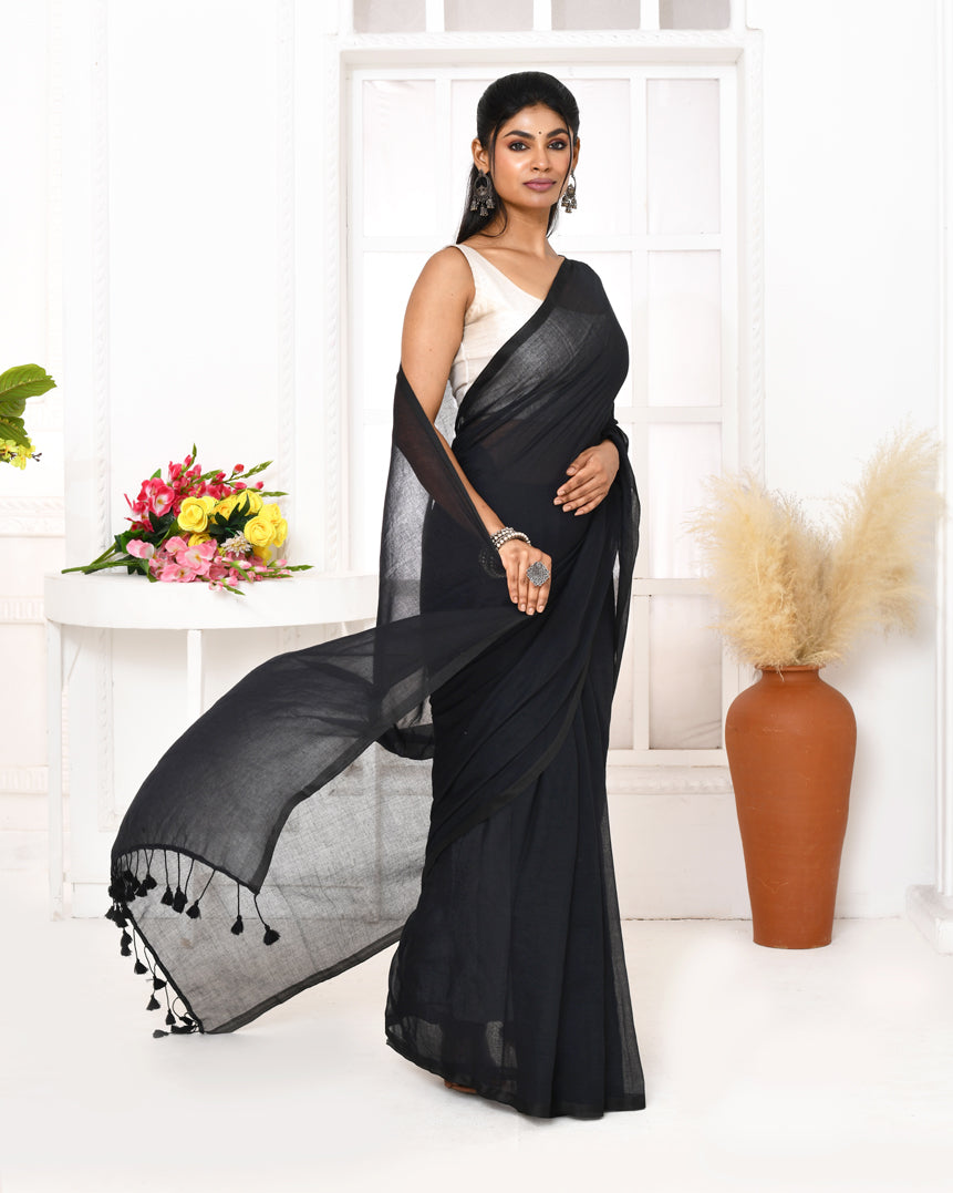 Piyari Fashion Black Mulmul Cotton Saree With Tassels | Grocsy