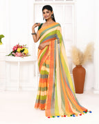 Piyari Fashion Multi Color Striped Mulmul Cotton Saree With Tassels | Grocsy