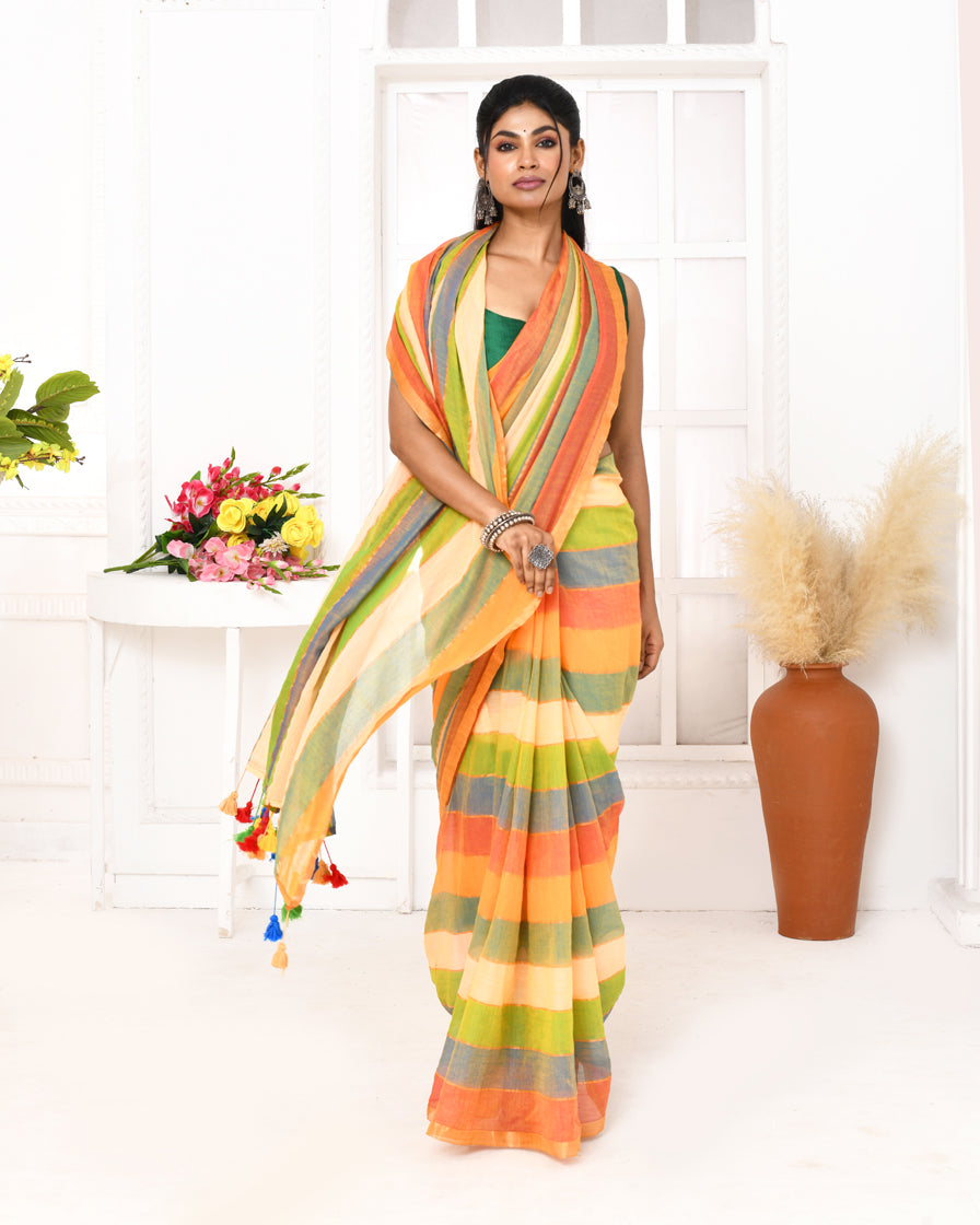 Piyari Fashion Multi Color Striped Mulmul Cotton Saree With Tassels | Grocsy