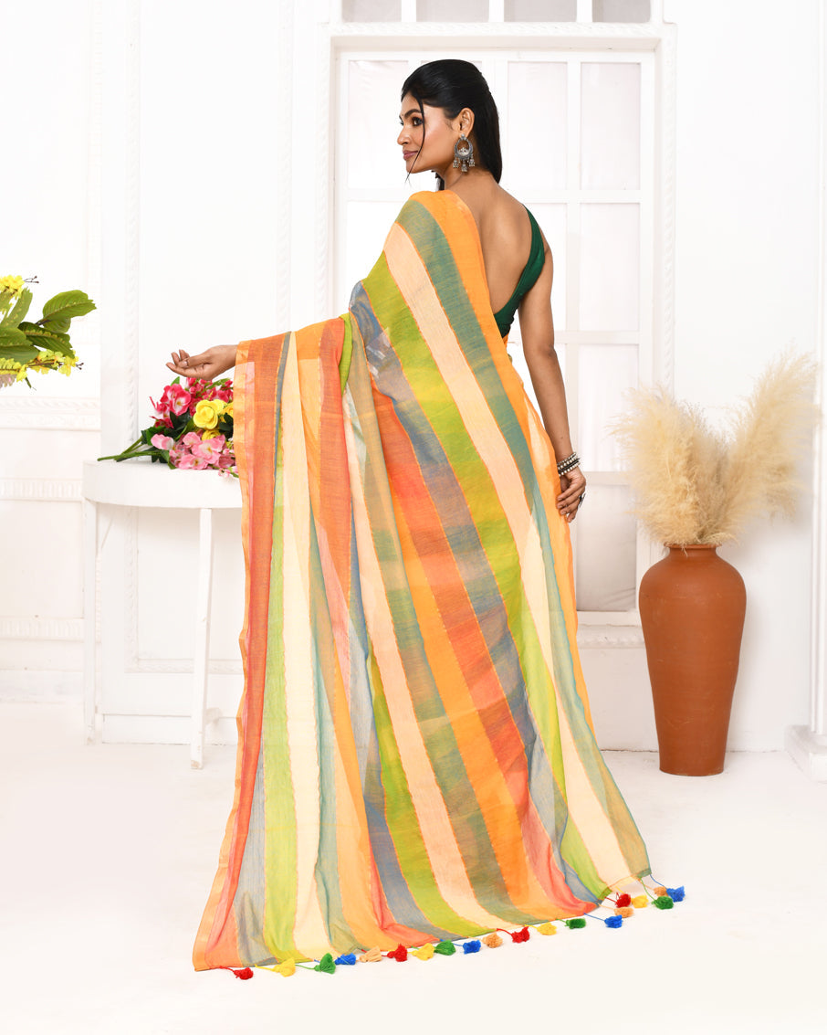 Piyari Fashion Multi Color Striped Mulmul Cotton Saree With Tassels | Grocsy
