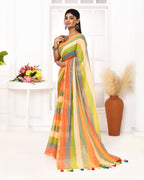 Piyari Fashion Multi Color Striped Mulmul Cotton Saree With Tassels | Grocsy