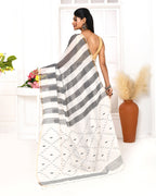 Piyari Fashion Women's Grey White Cotton Handloom Jamdani Saree With Blouse | Grocsy