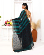 Piyari Fashion Women's Black Blue Cotton Handloom Jamdani Saree With Blouse | Grocsy
