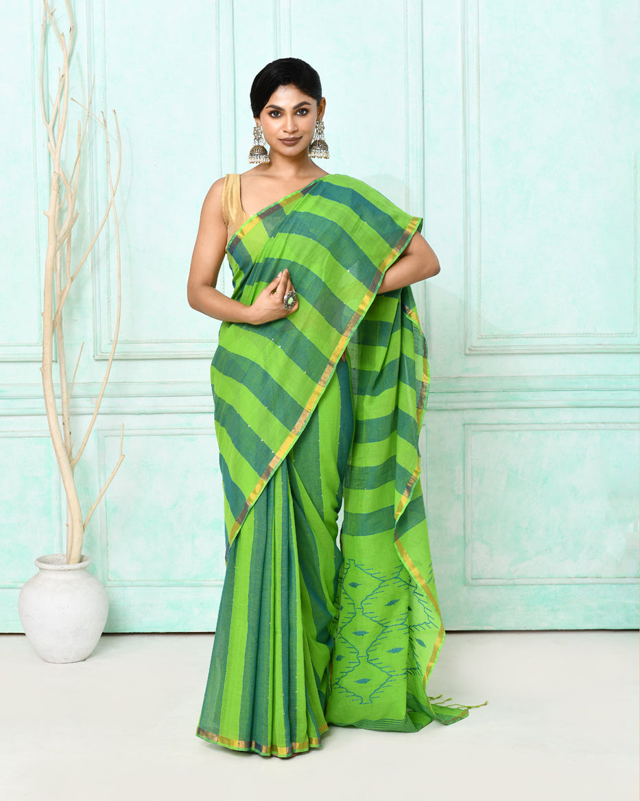 Piyari Fashion Women's Green Cotton Handloom Jamdani Saree With Blouse | Grocsy