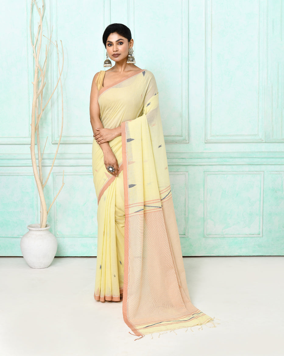 Piyari Fashion Women's Cream Cotton Handloom Jamdani Saree With Blouse | Grocsy