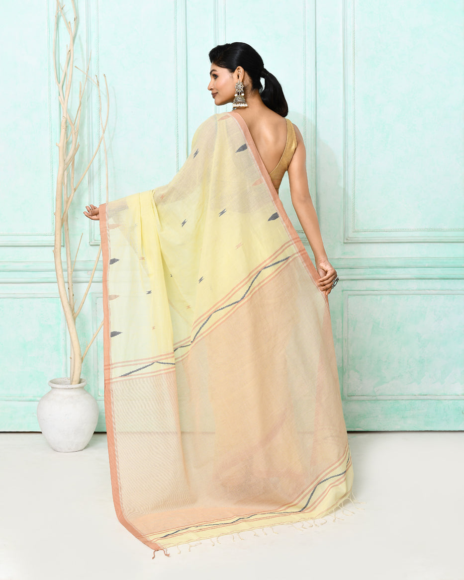 Piyari Fashion Women's Cream Cotton Handloom Jamdani Saree With Blouse | Grocsy