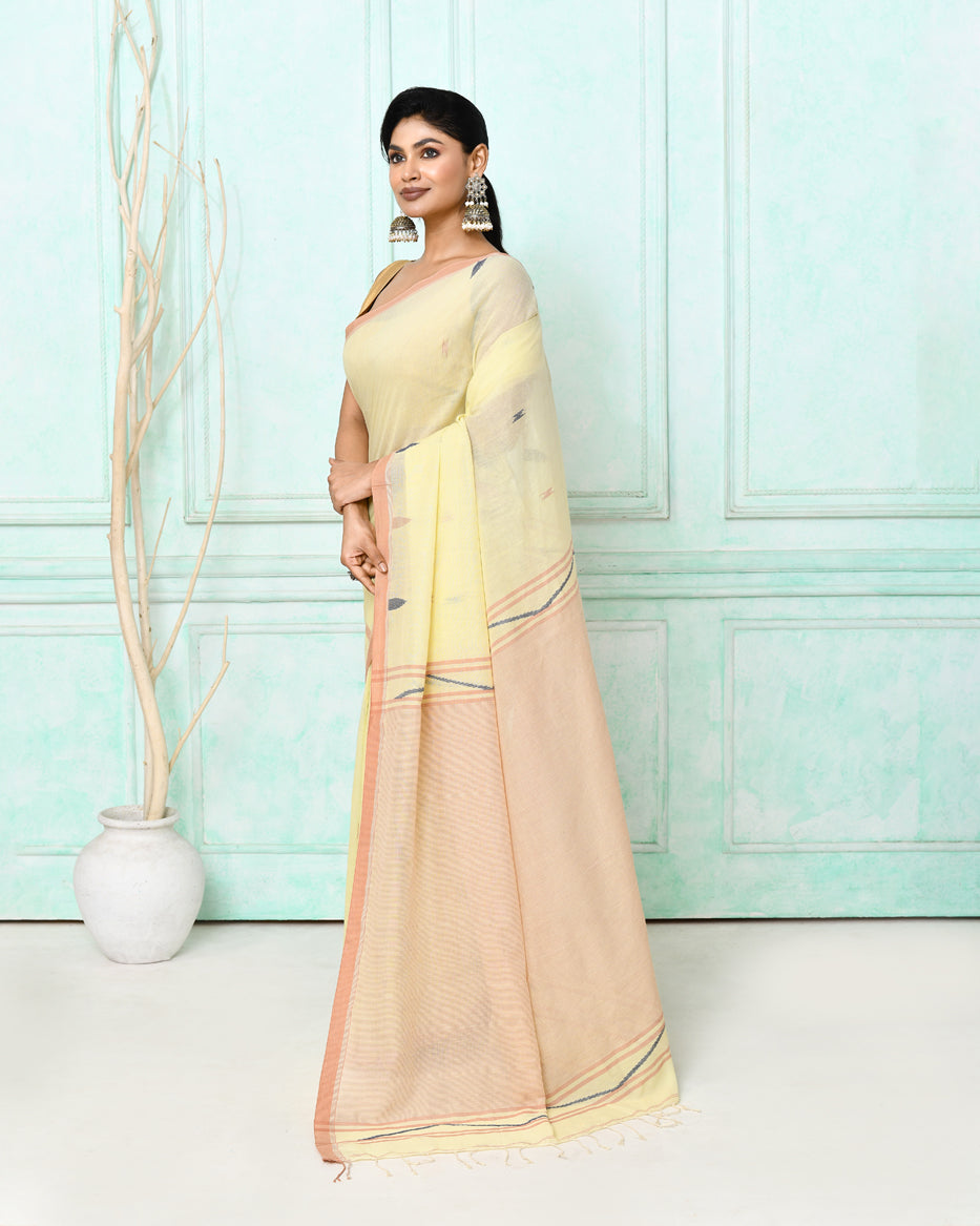 Piyari Fashion Women's Cream Cotton Handloom Jamdani Saree With Blouse | Grocsy