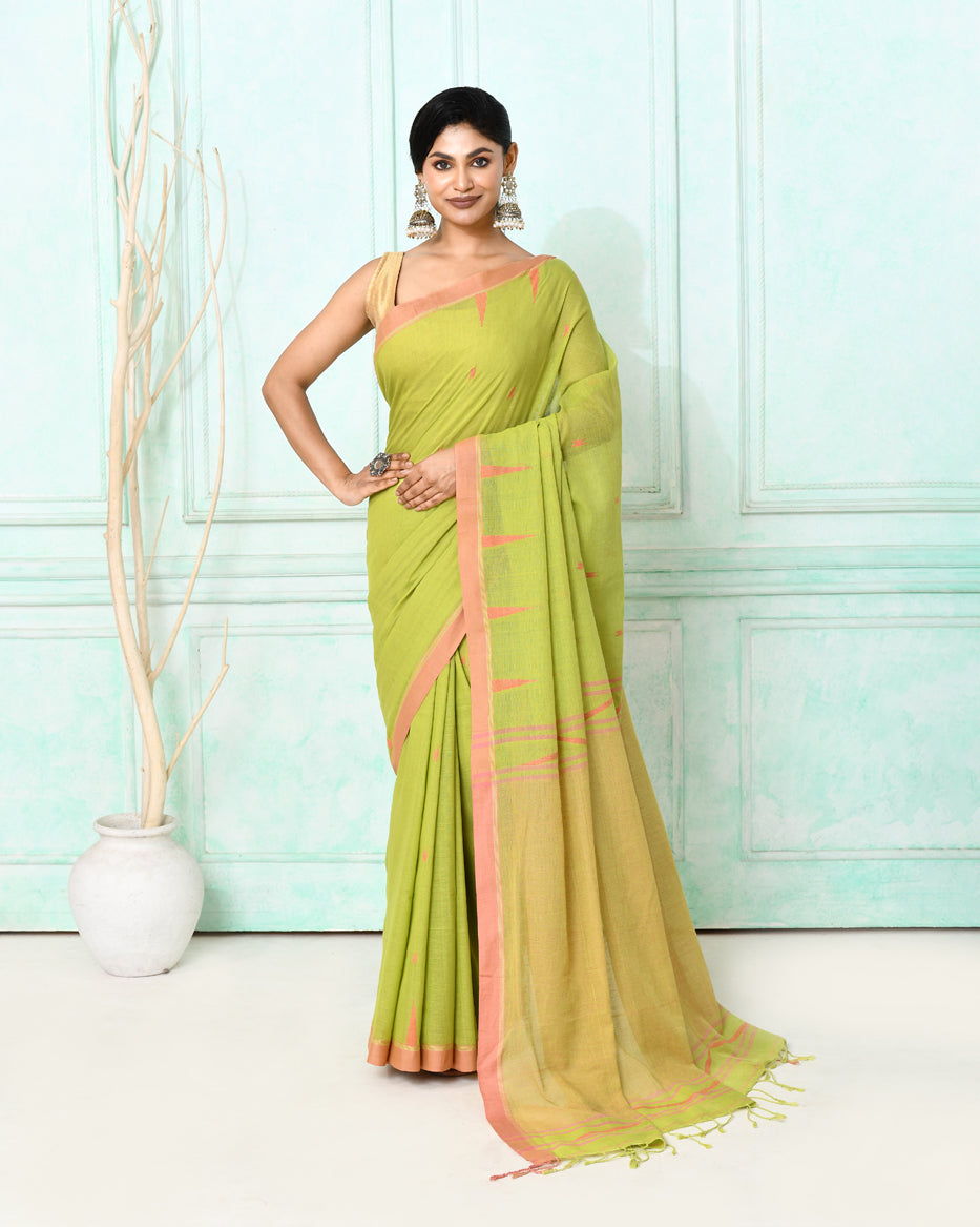 Piyari Fashion Women's Olive Cotton Handloom Jamdani Saree With Blouse | Grocsy