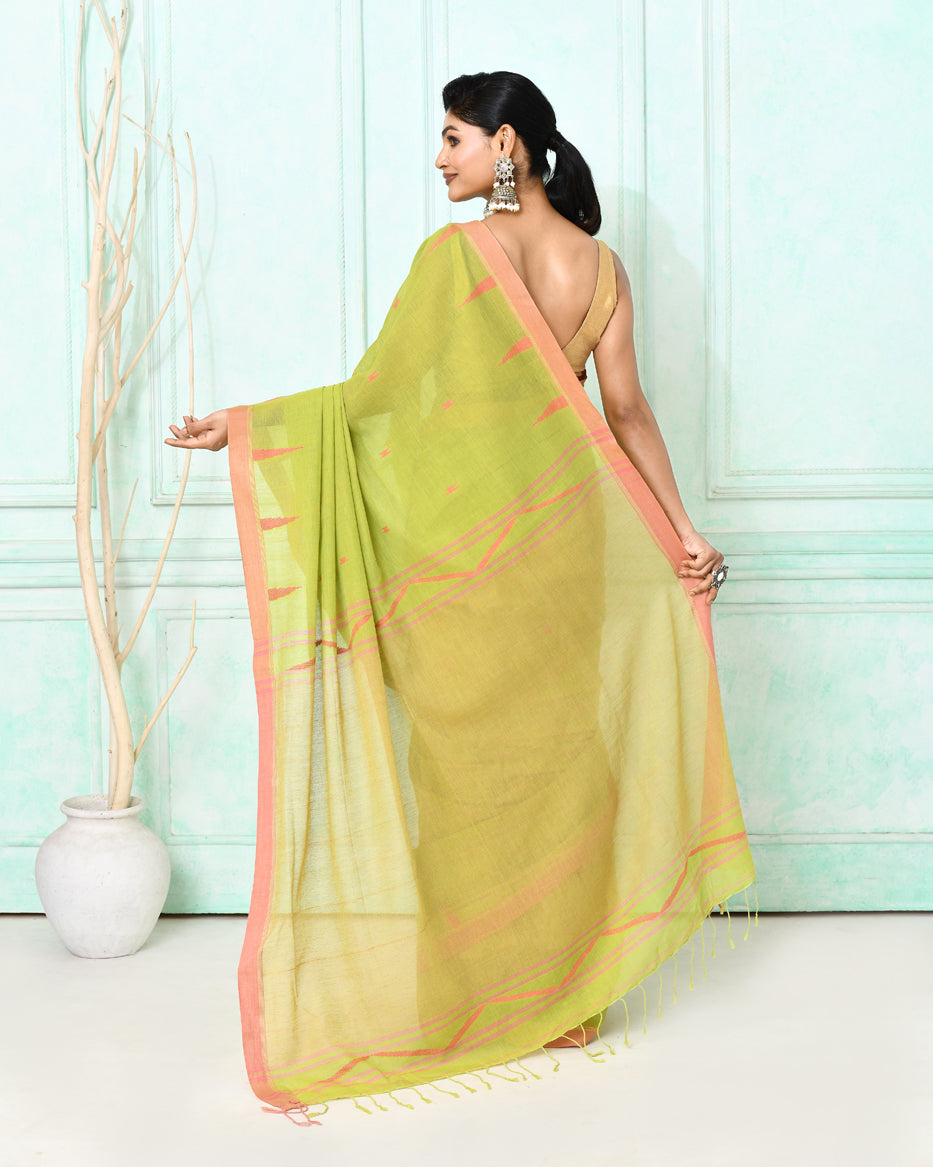 Piyari Fashion Women's Olive Cotton Handloom Jamdani Saree With Blouse | Grocsy