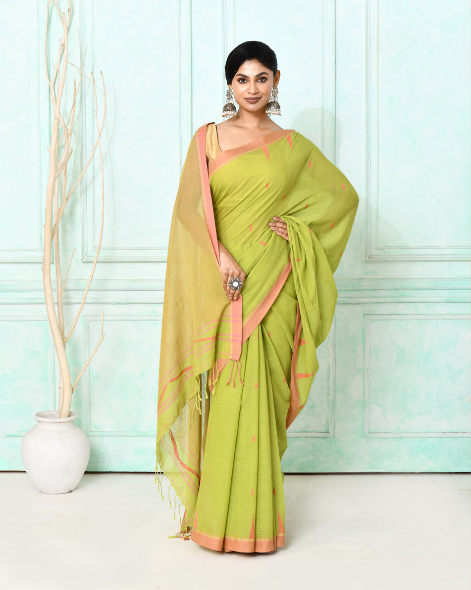 Piyari Fashion Women's Olive Cotton Handloom Jamdani Saree With Blouse | Grocsy