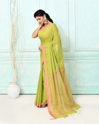 Piyari Fashion Women's Olive Cotton Handloom Jamdani Saree With Blouse | Grocsy