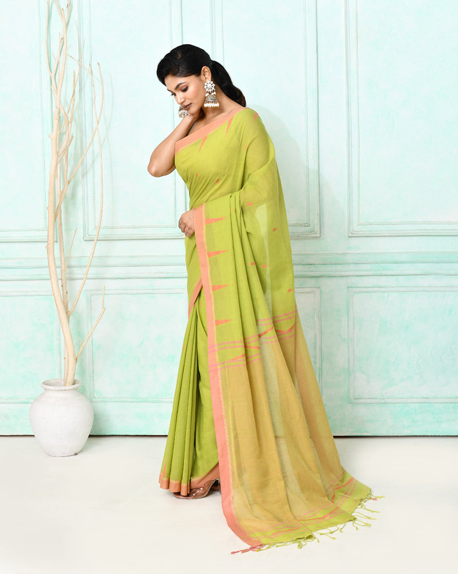 Piyari Fashion Women's Olive Cotton Handloom Jamdani Saree With Blouse | Grocsy