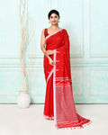Piyari Fashion Women's Red Cotton Handloom Jamdani Saree With Blouse | Grocsy
