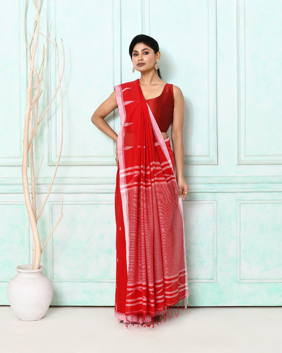 Piyari Fashion Women's Red Cotton Handloom Jamdani Saree With Blouse | Grocsy