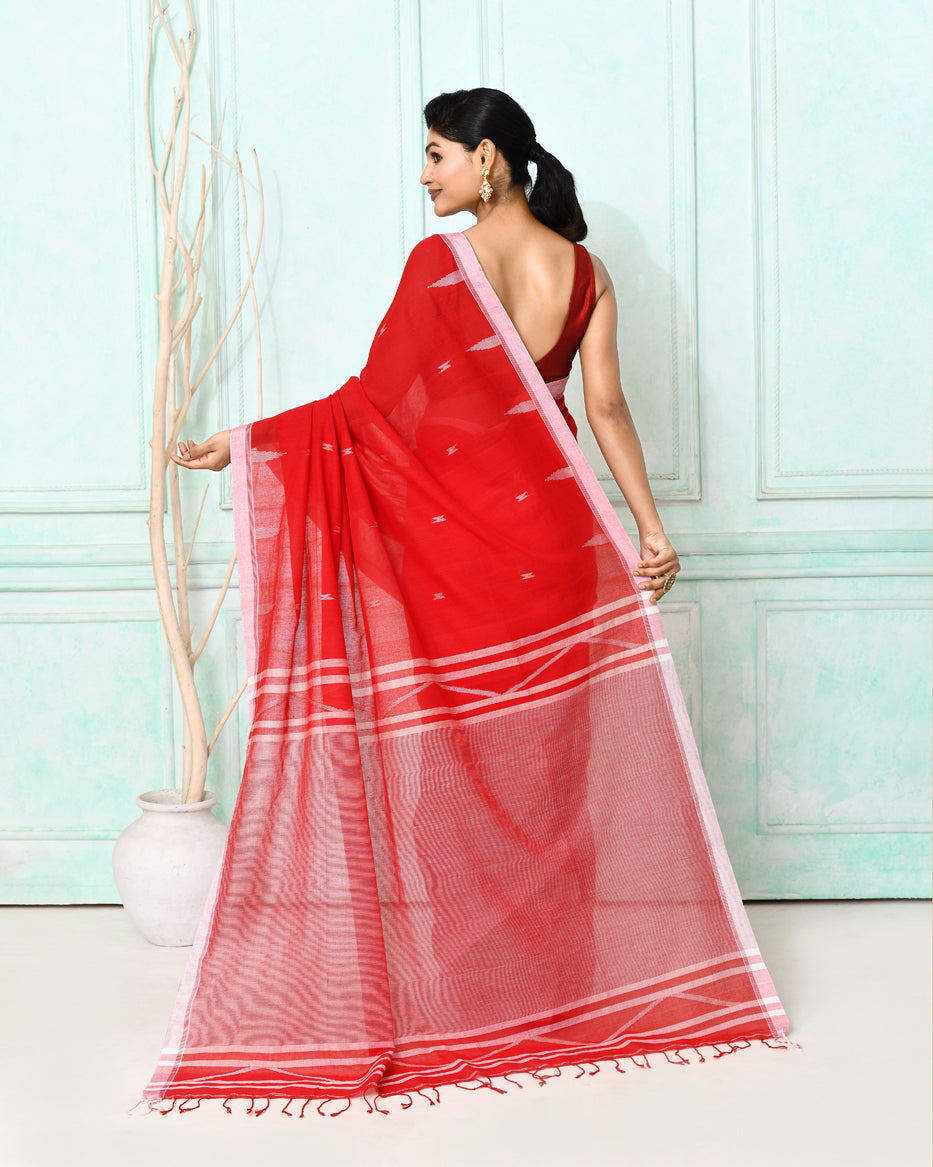 Piyari Fashion Women's Red Cotton Handloom Jamdani Saree With Blouse | Grocsy