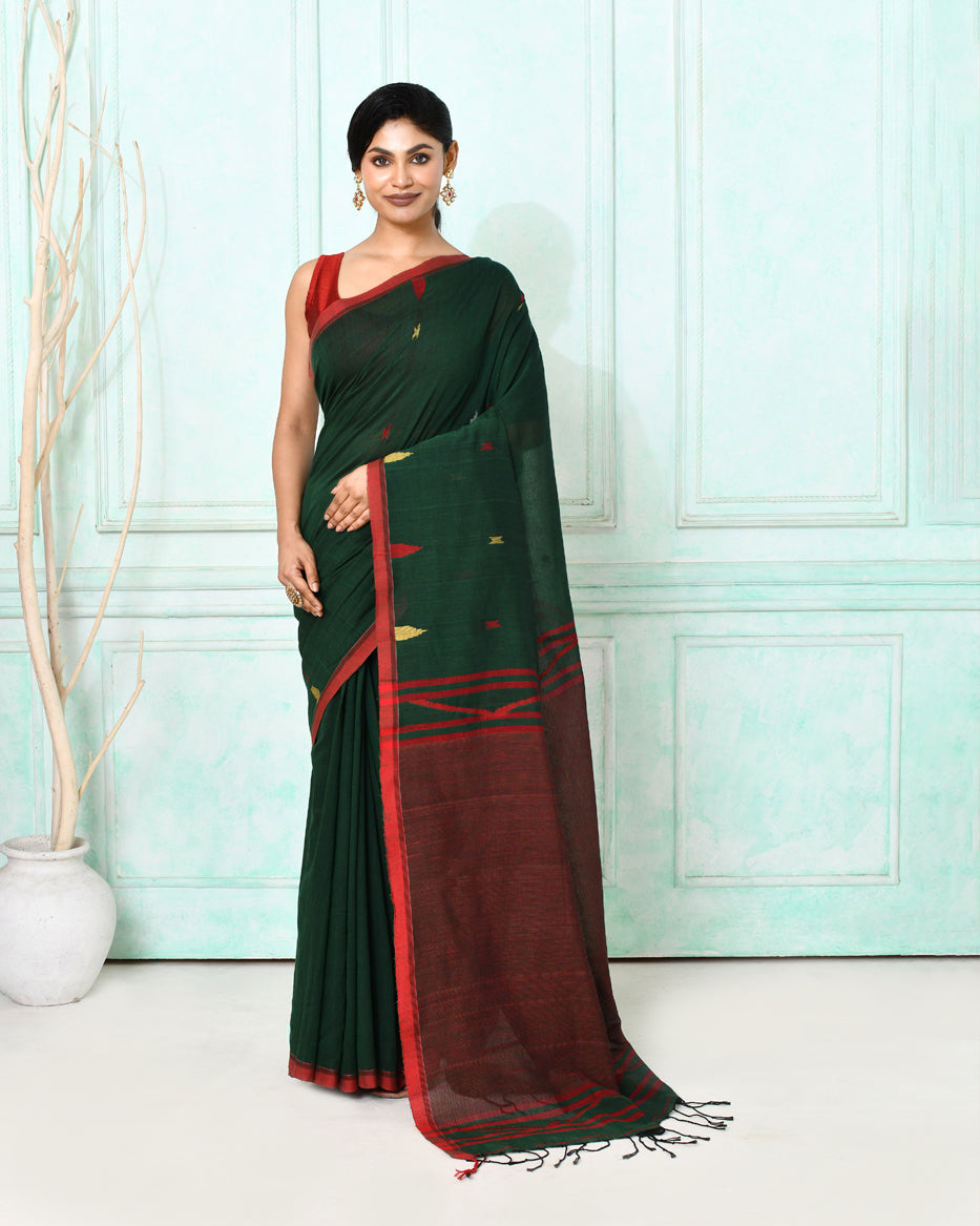 Piyari Fashion Women's Dark Green Cotton Handloom Jamdani Saree With Blouse | Grocsy