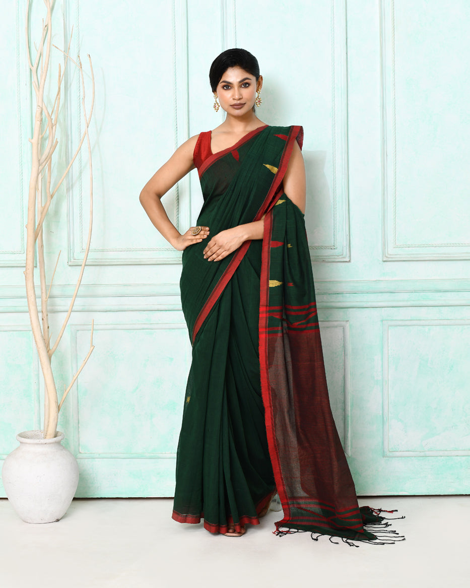 Piyari Fashion Women's Dark Green Cotton Handloom Jamdani Saree With Blouse | Grocsy