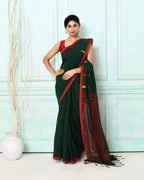 Piyari Fashion Women's Dark Green Cotton Handloom Jamdani Saree With Blouse | Grocsy