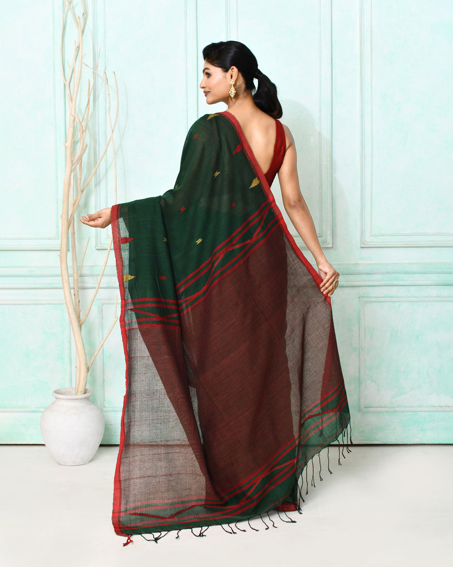 Piyari Fashion Women's Dark Green Cotton Handloom Jamdani Saree With Blouse | Grocsy