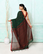 Piyari Fashion Women's Dark Green Cotton Handloom Jamdani Saree With Blouse | Grocsy