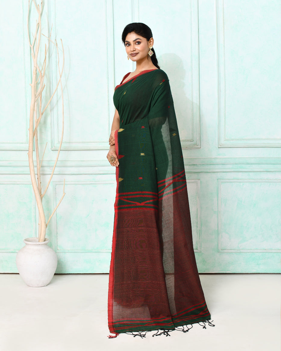 Piyari Fashion Women's Dark Green Cotton Handloom Jamdani Saree With Blouse | Grocsy