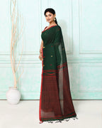 Piyari Fashion Women's Dark Green Cotton Handloom Jamdani Saree With Blouse | Grocsy