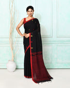 Piyari Fashion Women's Black Cotton Handloom Jamdani Saree With Blouse | Grocsy