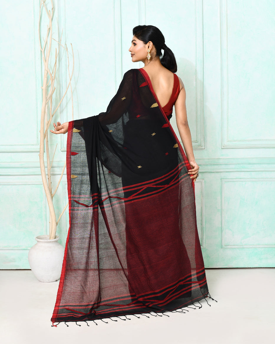 Piyari Fashion Women's Black Cotton Handloom Jamdani Saree With Blouse | Grocsy