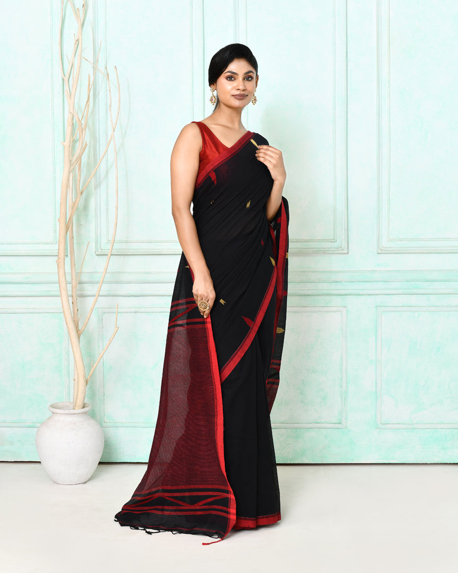 Piyari Fashion Women's Black Cotton Handloom Jamdani Saree With Blouse | Grocsy