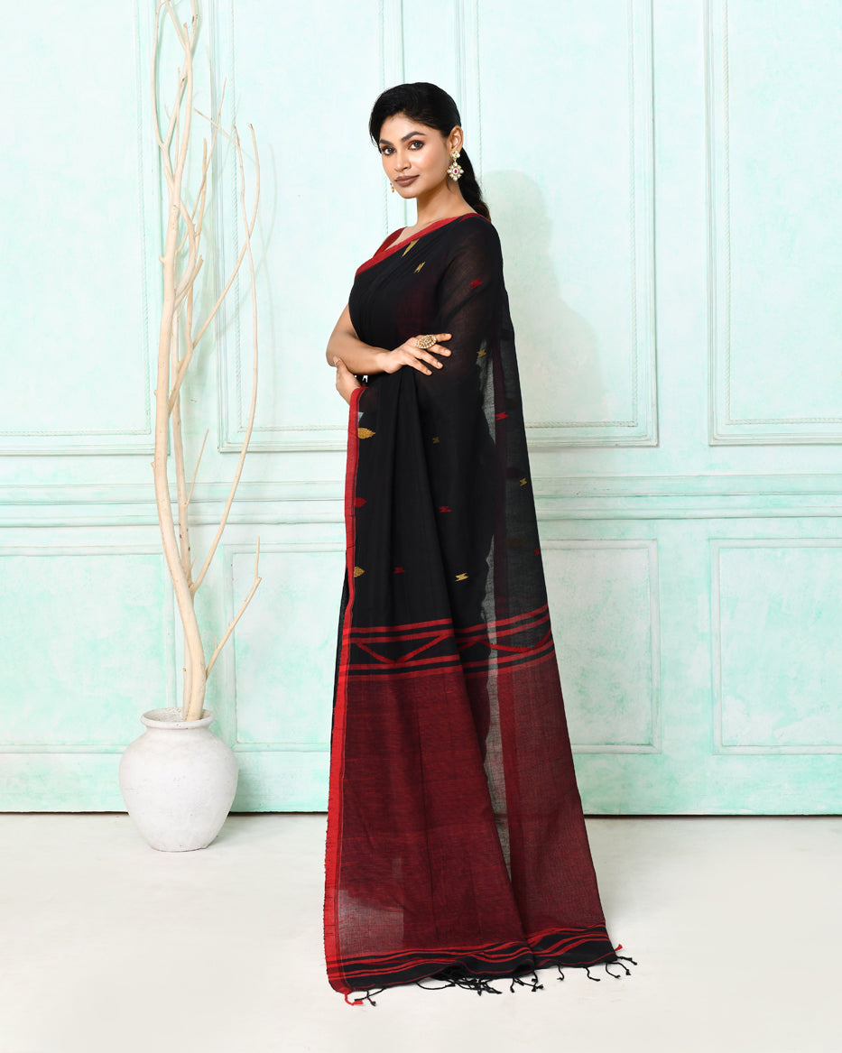 Piyari Fashion Women's Black Cotton Handloom Jamdani Saree With Blouse | Grocsy