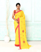 Piyari Fashion Women's Yellow Cotton Handloom Jamdani Saree With Blouse | Grocsy