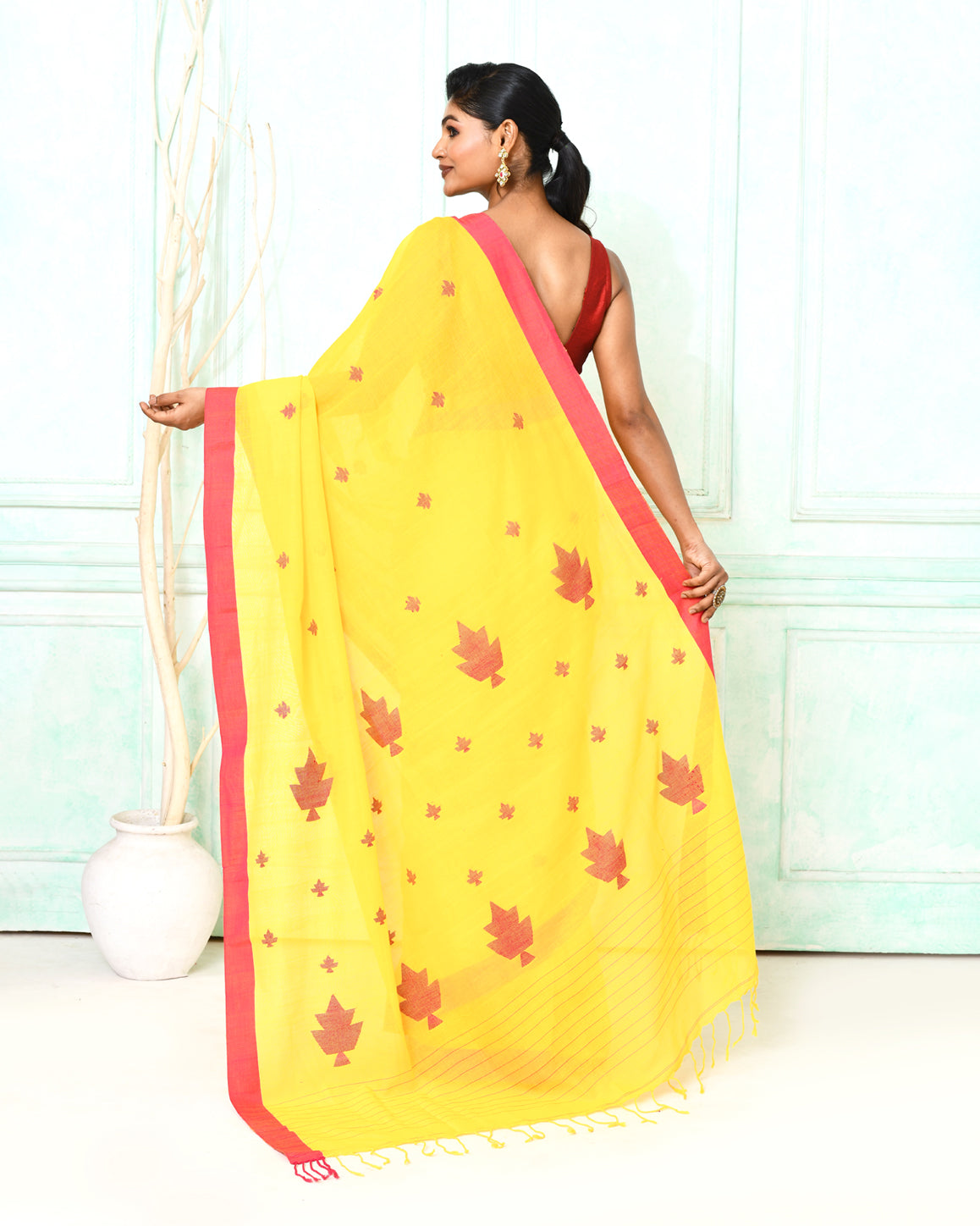 Piyari Fashion Women's Yellow Cotton Handloom Jamdani Saree With Blouse | Grocsy