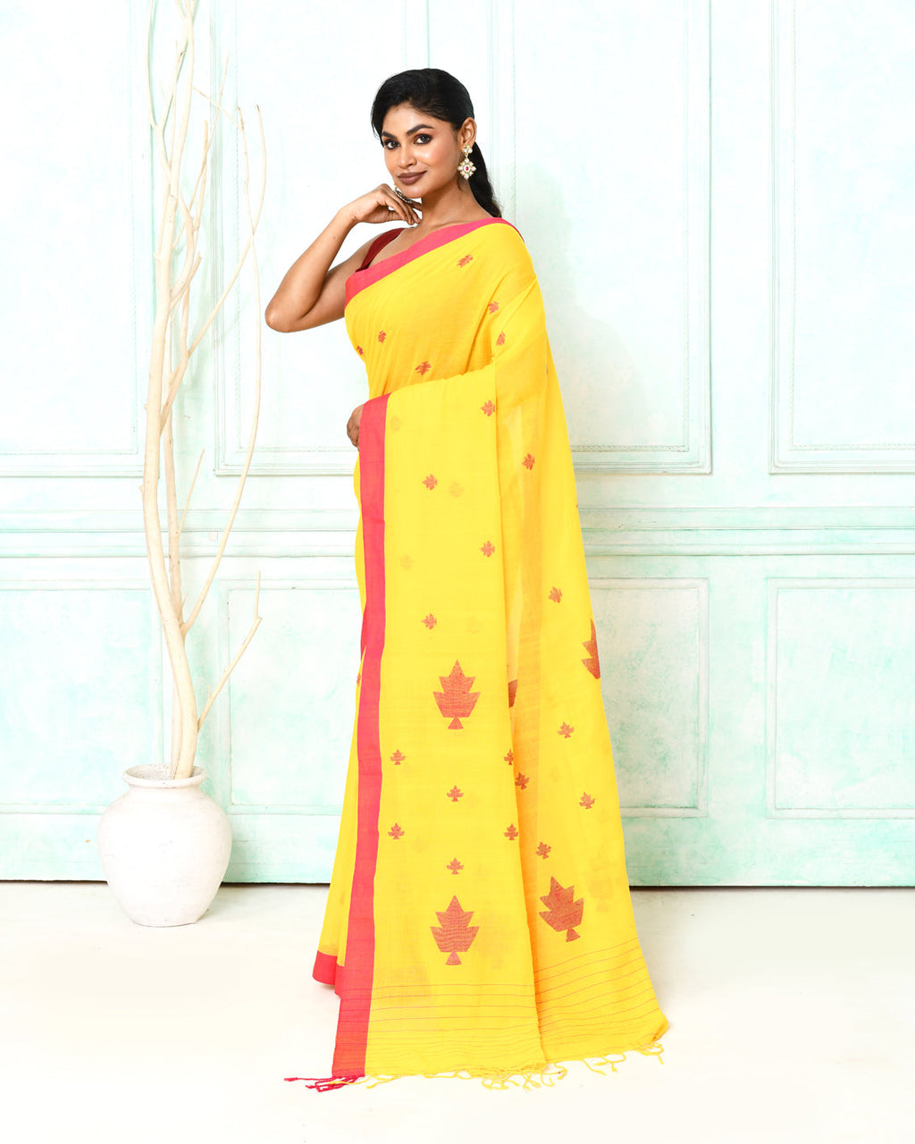Piyari Fashion Women's Yellow Cotton Handloom Jamdani Saree With Blouse | Grocsy