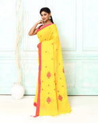 Piyari Fashion Women's Yellow Cotton Handloom Jamdani Saree With Blouse | Grocsy
