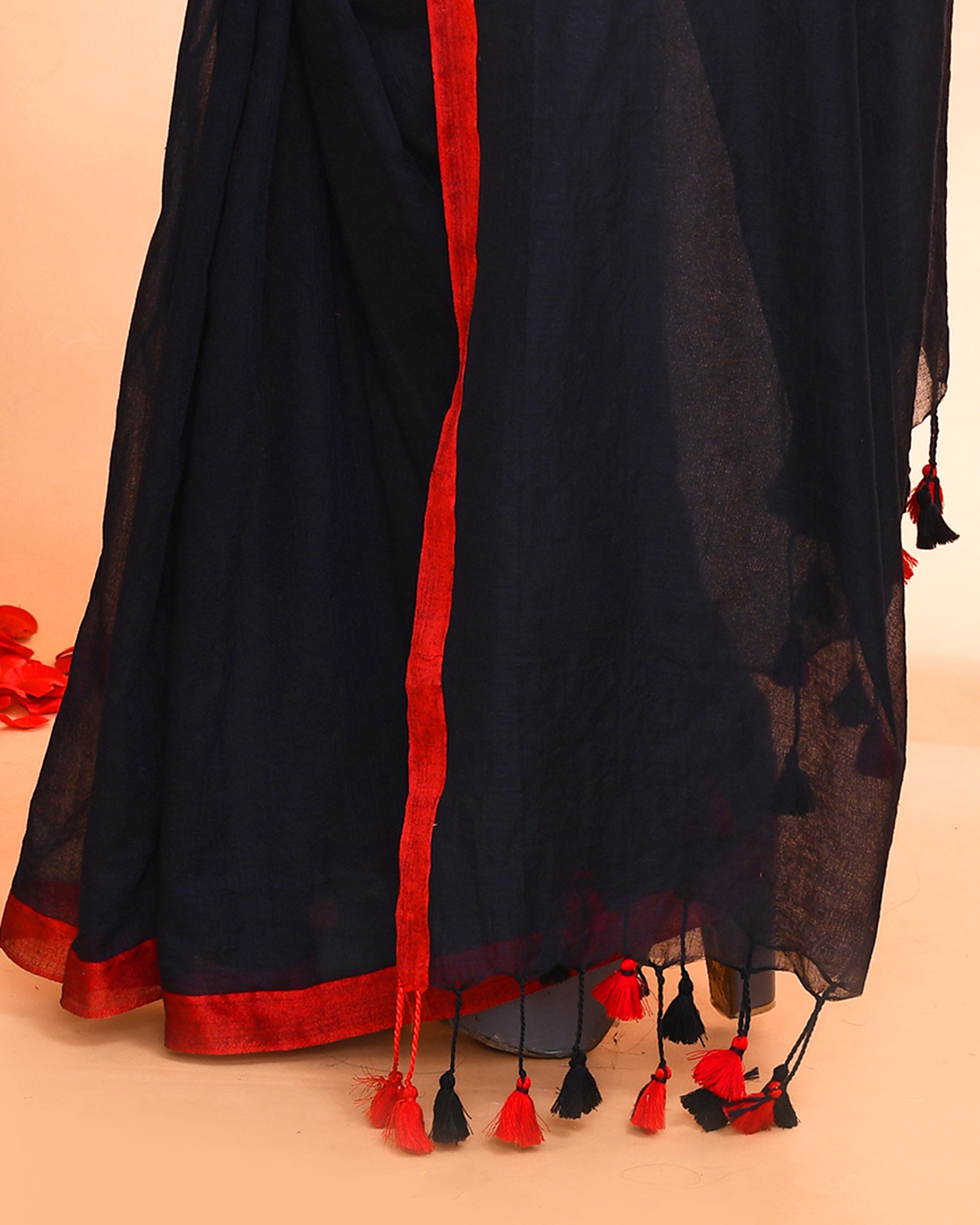Piyari Fashion Red Border Black Mulmul Cotton Saree With Tassels | Grocsy