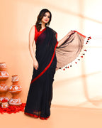 Piyari Fashion Red Border Black Mulmul Cotton Saree With Tassels | Grocsy