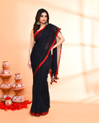 Piyari Fashion Red Border Black Mulmul Cotton Saree With Tassels | Grocsy