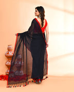 Piyari Fashion Red Border Black Mulmul Cotton Saree With Tassels | Grocsy