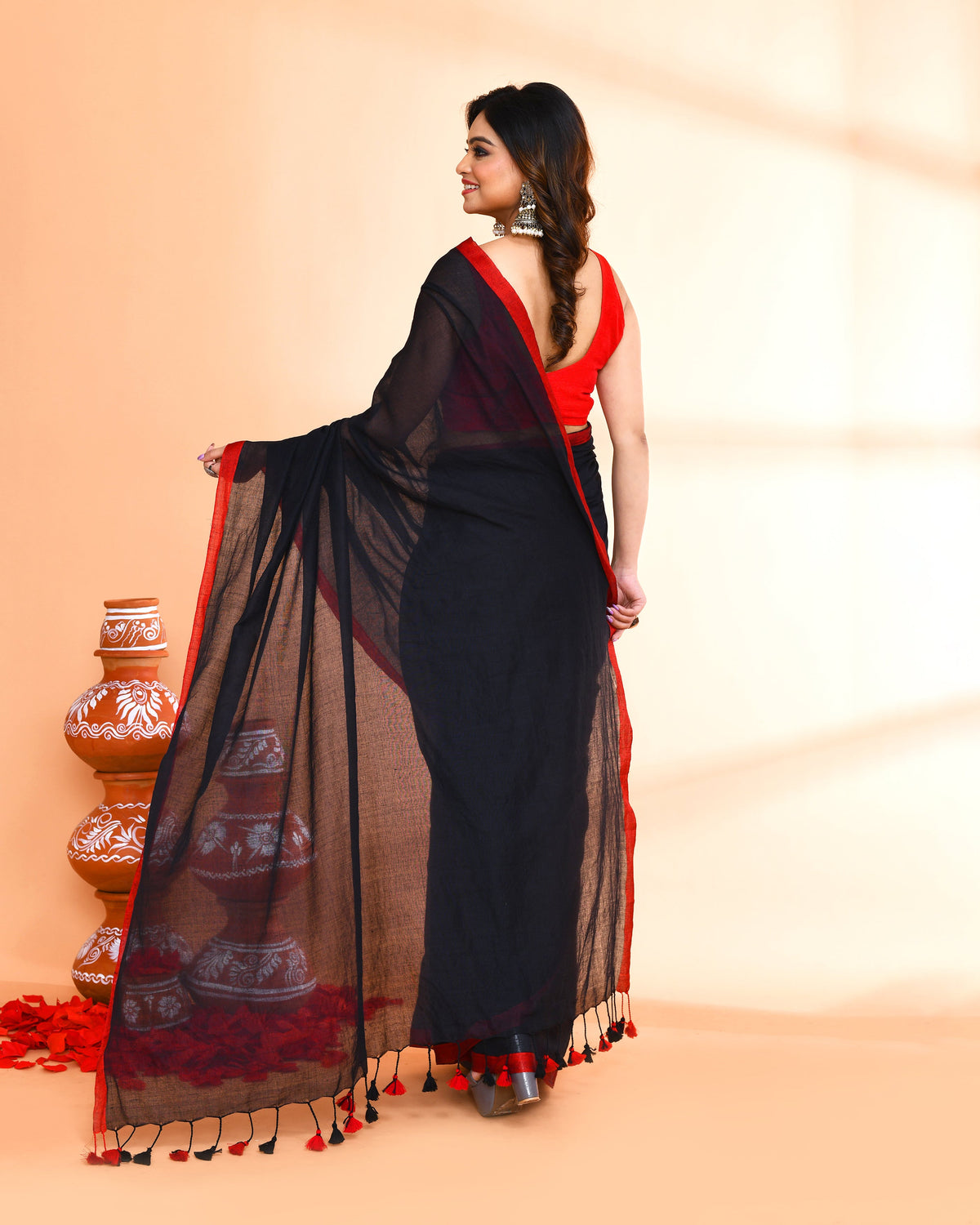 Piyari Fashion Red Border Black Mulmul Cotton Saree With Tassels | Grocsy