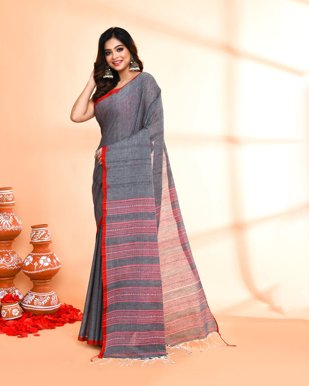 Piyari Fashion Women`s Grey Hand Work Cotton Saree With Blouse | Grocsy