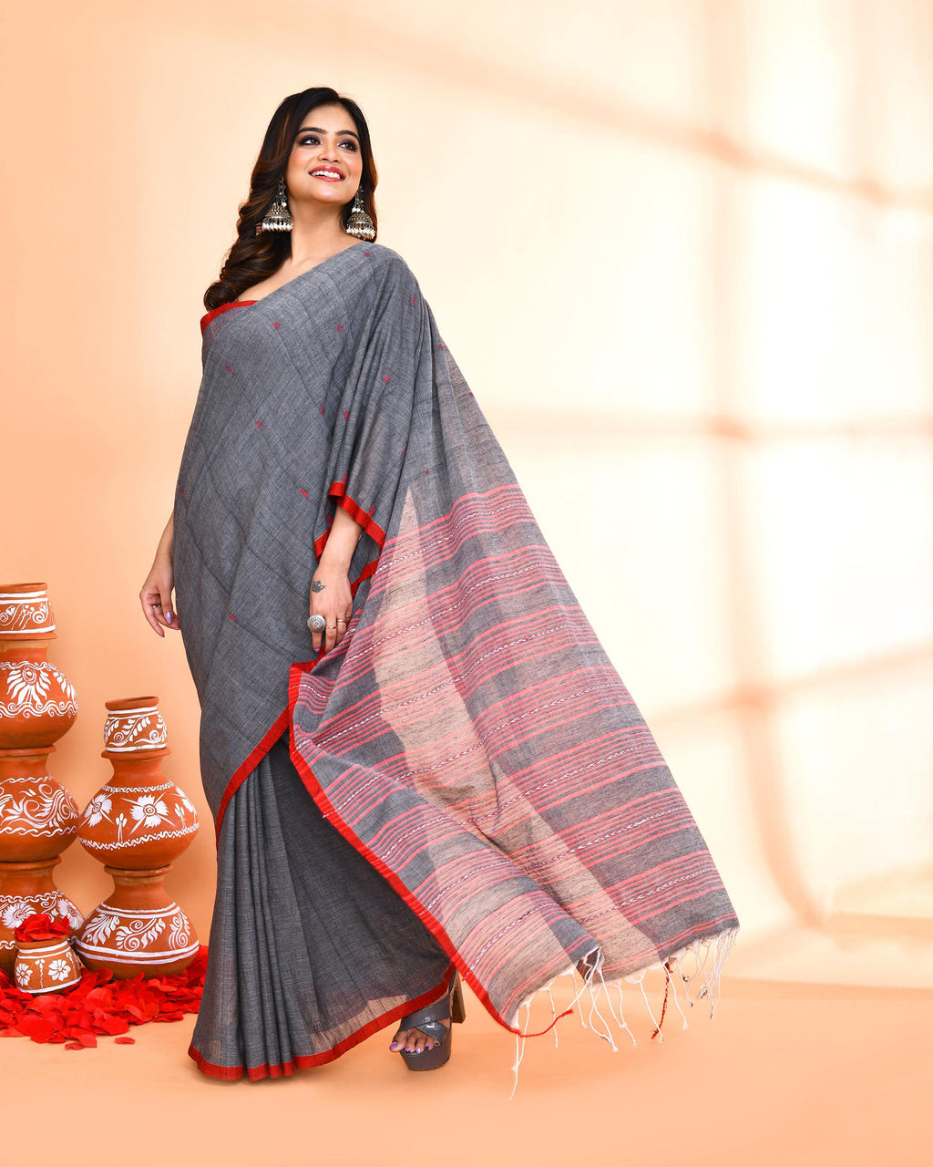 Piyari Fashion Women`s Grey Hand Work Cotton Saree With Blouse | Grocsy