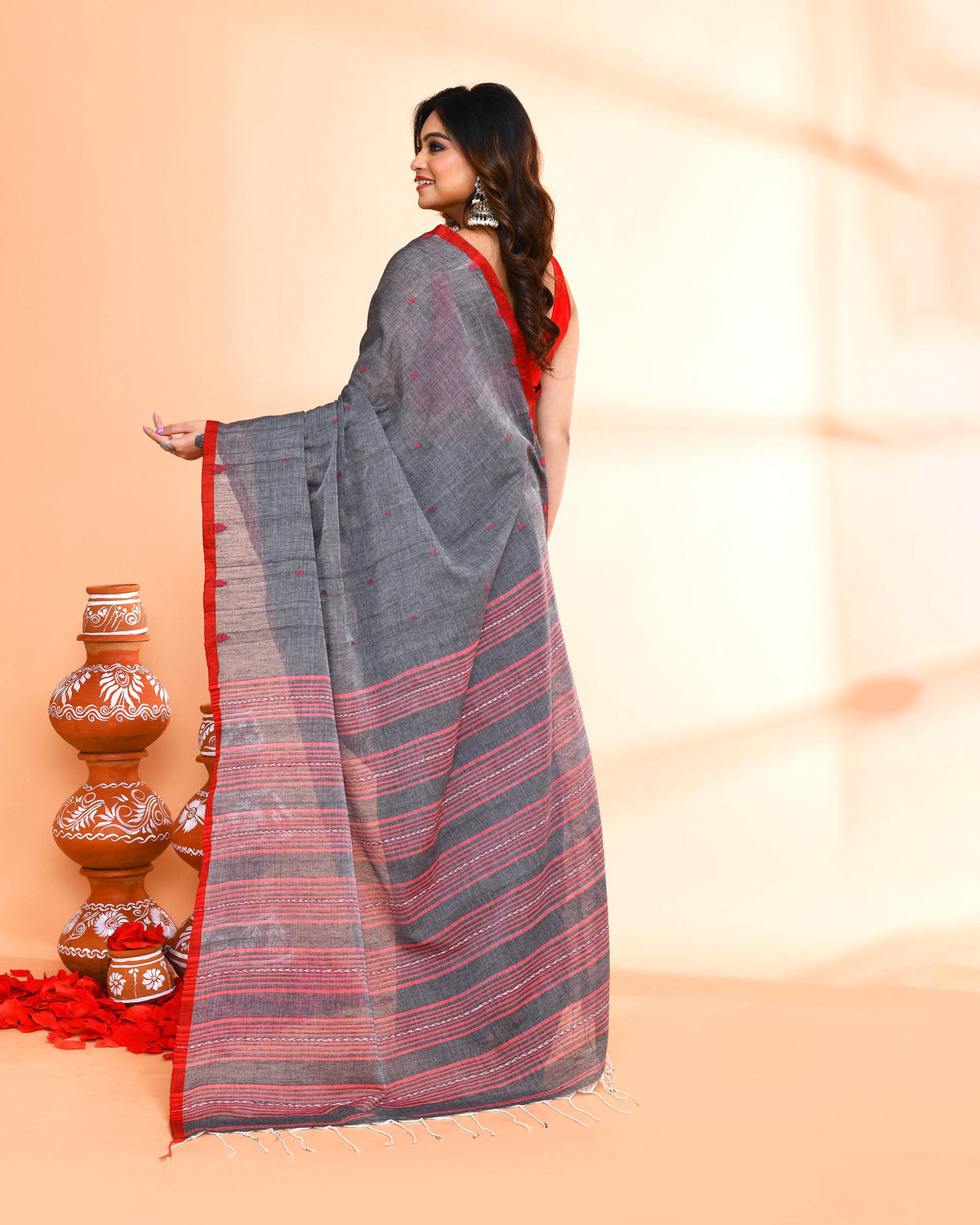 Piyari Fashion Women`s Grey Hand Work Cotton Saree With Blouse | Grocsy