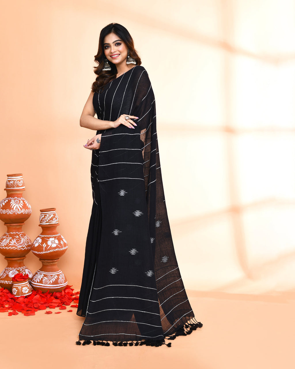 Piyari Fashion Women`s Black Hand Work Cotton Jamdani Saree With Blouse | Grocsy