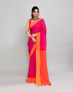 Piyari Fashion Orange Border Rani Pink Cotton Saree With Tassels | Grocsy