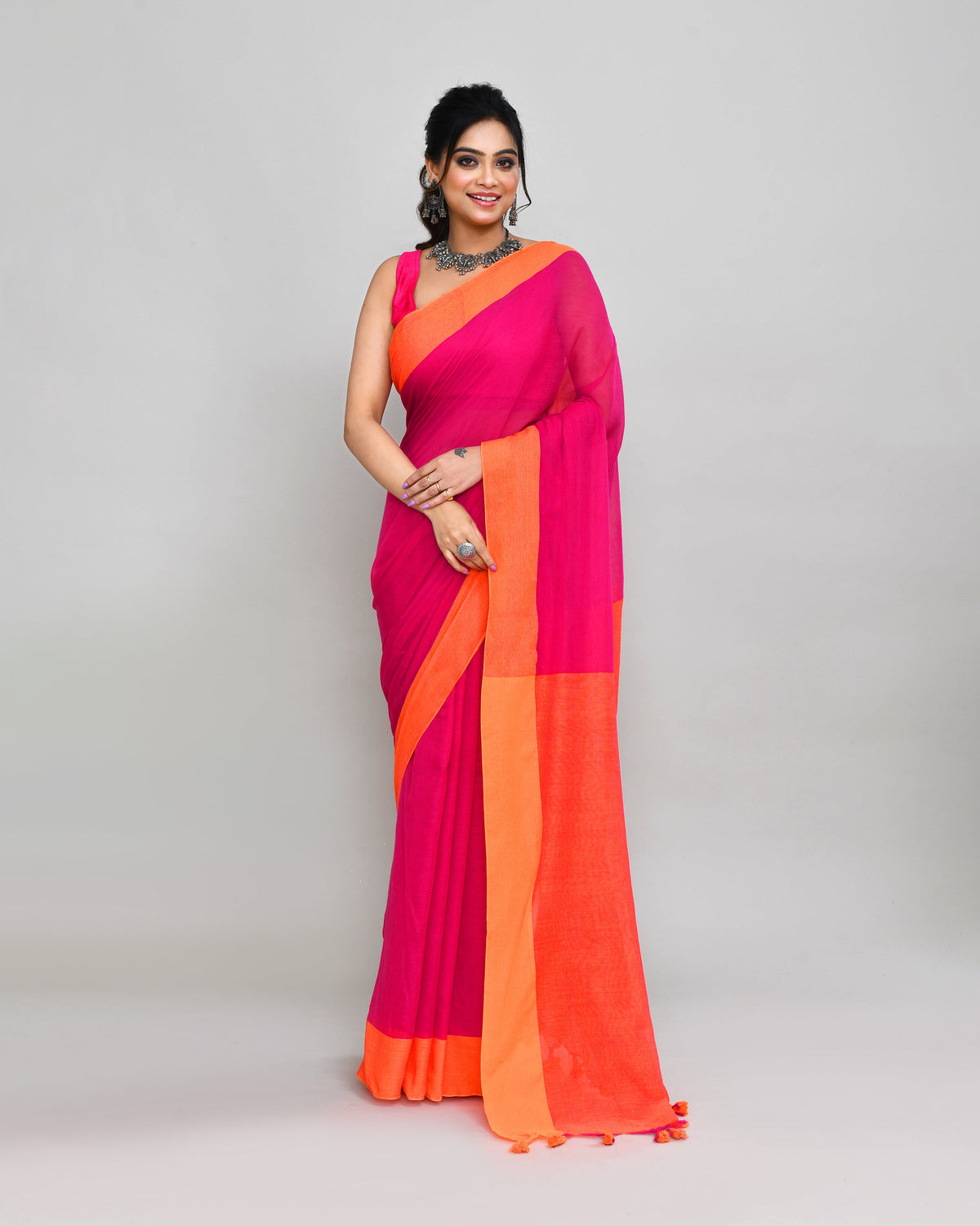 Piyari Fashion Orange Border Rani Pink Cotton Saree With Tassels | Grocsy