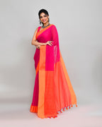 Piyari Fashion Orange Border Rani Pink Cotton Saree With Tassels | Grocsy