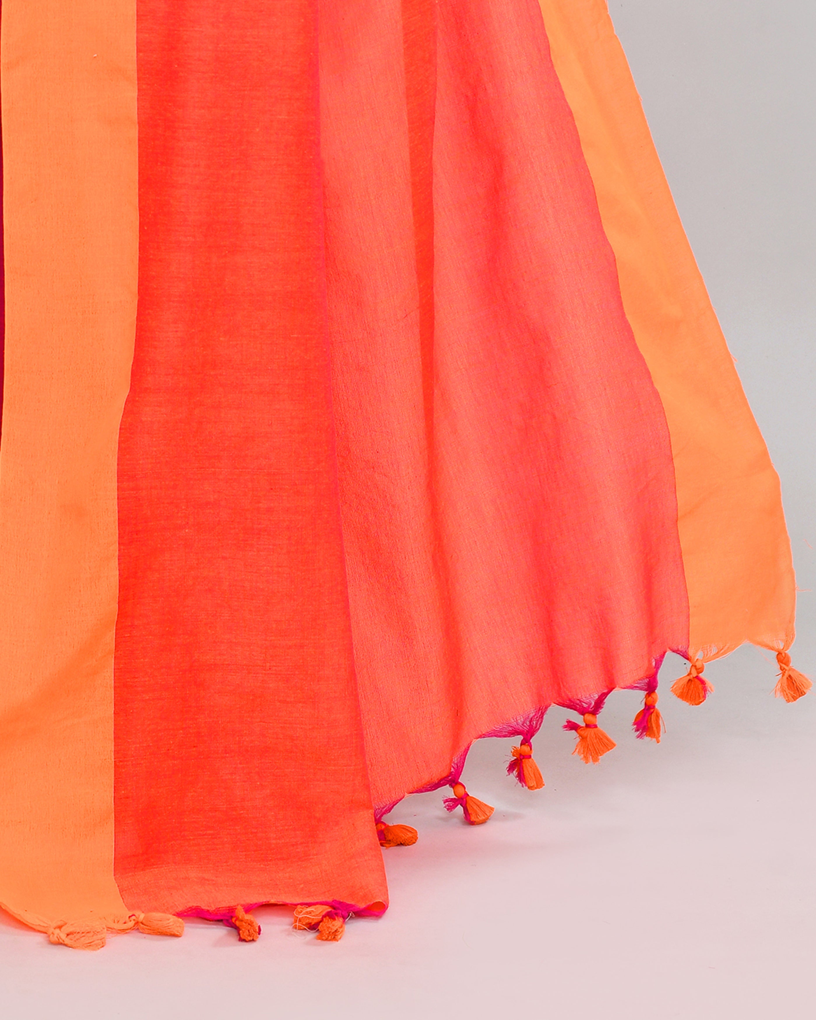 Piyari Fashion Orange Border Rani Pink Cotton Saree With Tassels | Grocsy