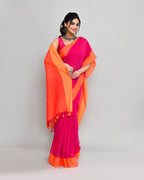 Piyari Fashion Orange Border Rani Pink Cotton Saree With Tassels | Grocsy